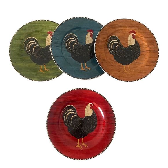 Set of 4 Sakura Warren Kimble 1999 Rooster Salad Dessert Plates Stoneware 8 1/4" - Picture 10 of 10